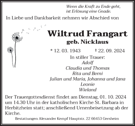 Traueranzeige von Wiltrud Frangart von saarbruecker_zeitung