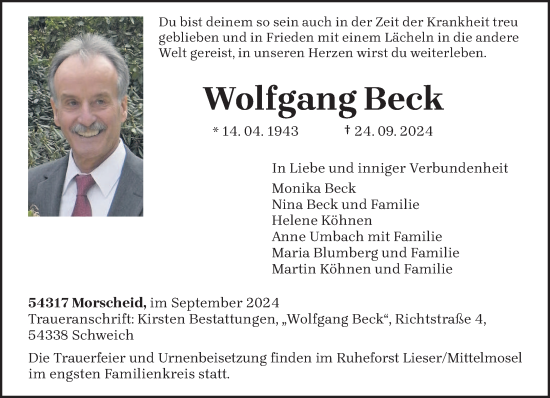 Traueranzeige von Wolfgang Beck von saarbruecker_zeitung