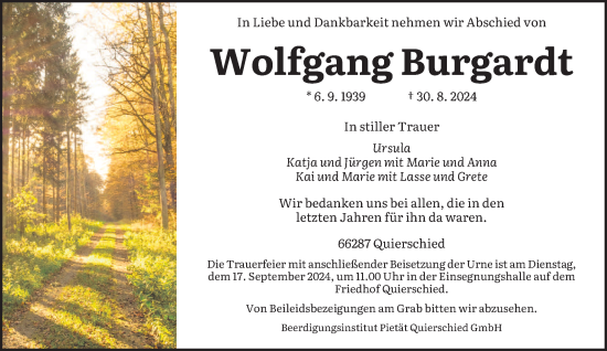 Traueranzeige von Wolfgang Burgardt von saarbruecker_zeitung