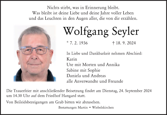 Traueranzeige von Wolfgang Seyler von saarbruecker_zeitung