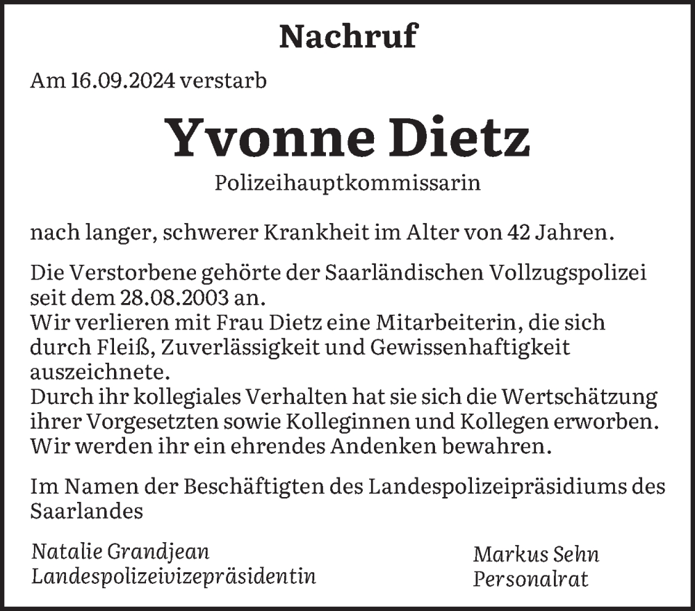  Traueranzeige für Yvonne Dietz vom 19.09.2024 aus saarbruecker_zeitung