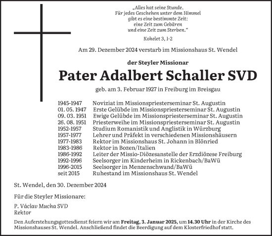 Traueranzeige von Adalbert Schaller von saarbruecker_zeitung