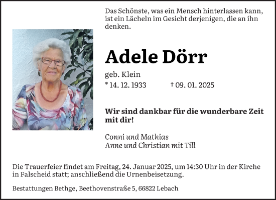 Traueranzeige von Adele Dörr von saarbruecker_zeitung