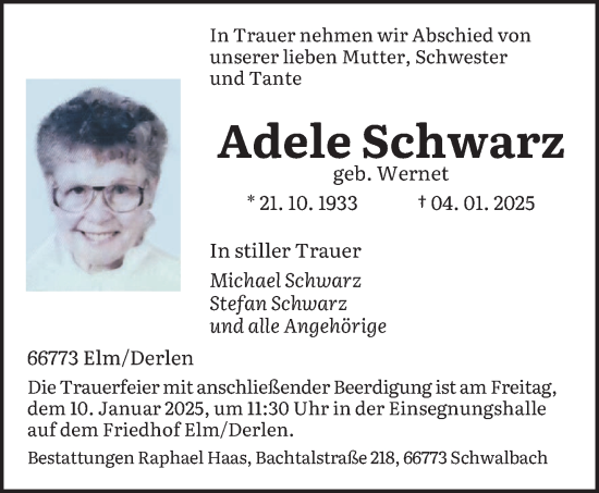 Traueranzeige von Adele Schwarz von saarbruecker_zeitung