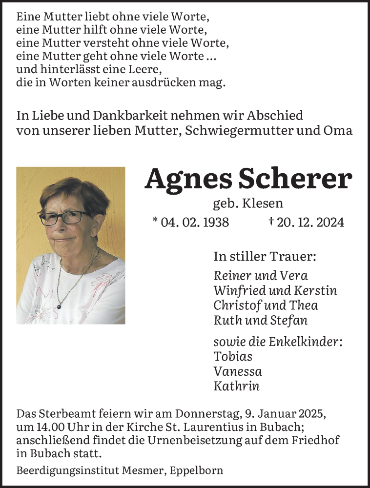  Traueranzeige für Agnes Scherer vom 04.01.2025 aus saarbruecker_zeitung
