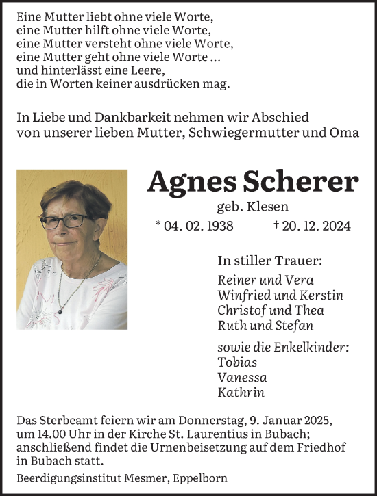 Traueranzeige von Agnes Scherer von saarbruecker_zeitung