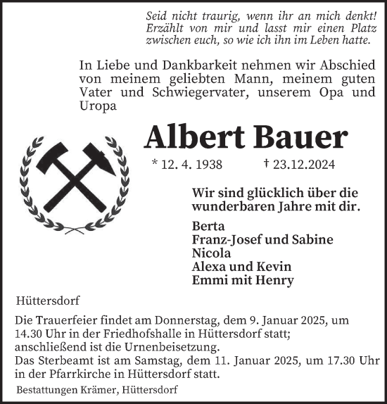 Traueranzeige von Albert Bauer von saarbruecker_zeitung