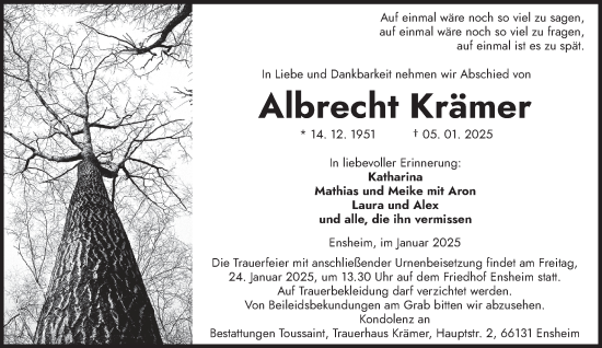Traueranzeige von Albrecht Krämer von saarbruecker_zeitung