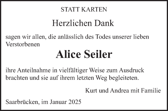 Traueranzeige von Alice Seiler von saarbruecker_zeitung