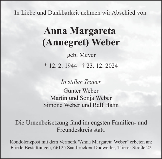 Traueranzeige von Anna Margareta Weber von saarbruecker_zeitung