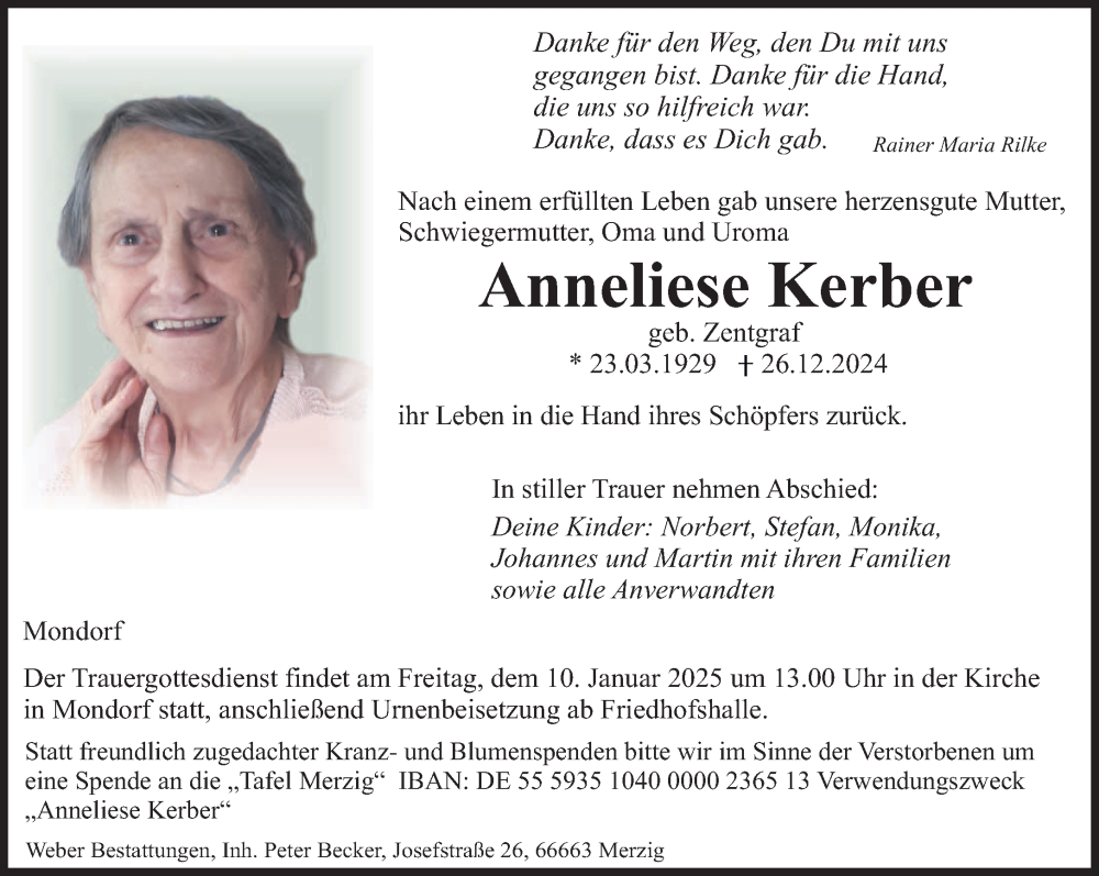  Traueranzeige für Anneliese Kerber vom 04.01.2025 aus saarbruecker_zeitung