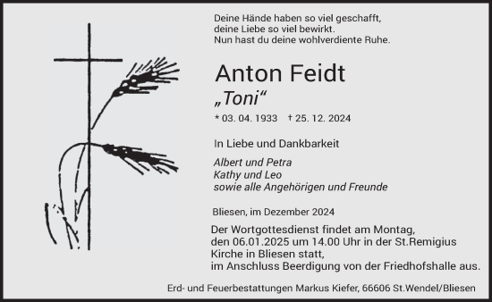 Traueranzeige von Anton Feidt von saarbruecker_zeitung