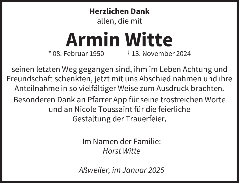  Traueranzeige für Armin Witte vom 18.01.2025 aus saarbruecker_zeitung