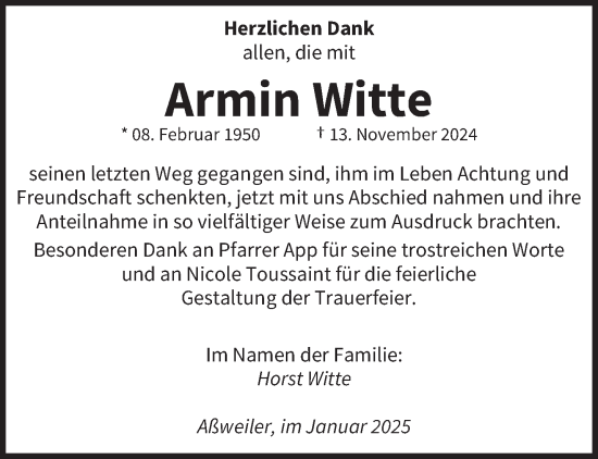 Traueranzeige von Armin Witte von saarbruecker_zeitung