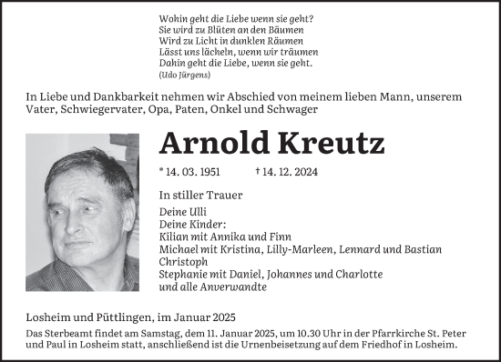 Traueranzeige von Arnold Kreutz von saarbruecker_zeitung