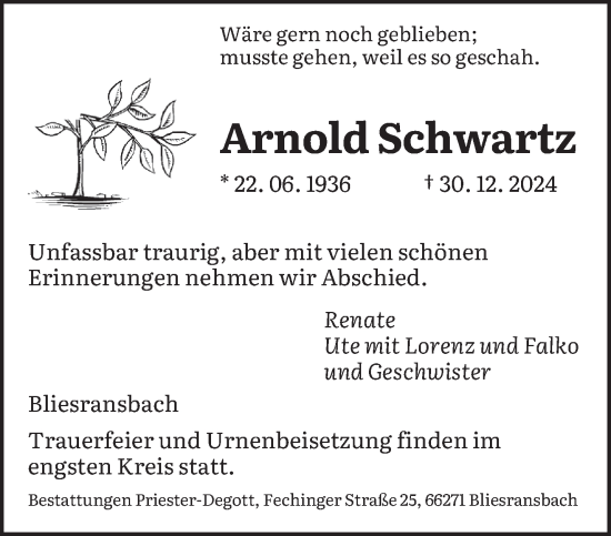 Traueranzeige von Arnold Schwartz von saarbruecker_zeitung