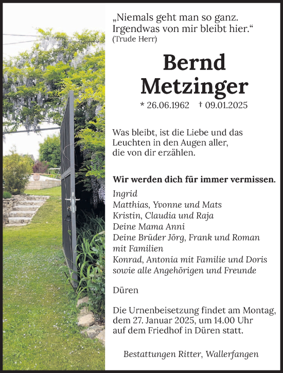 Traueranzeige von Bernd Metzinger von saarbruecker_zeitung