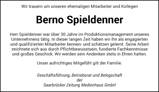 Traueranzeige von Berno Spieldenner von saarbruecker_zeitung