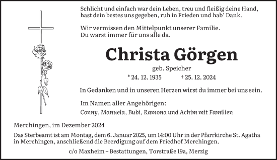 Traueranzeige von Christa Görgen von saarbruecker_zeitung