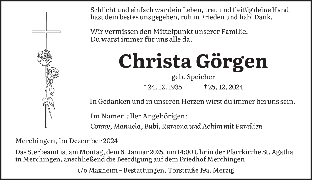  Traueranzeige für Christa Görgen vom 31.12.2024 aus saarbruecker_zeitung