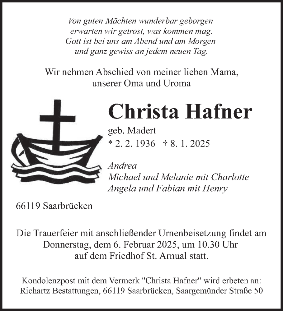  Traueranzeige für Christa Hafner vom 25.01.2025 aus saarbruecker_zeitung