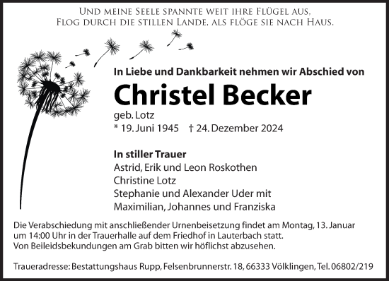 Traueranzeige von Christel Becker von saarbruecker_zeitung