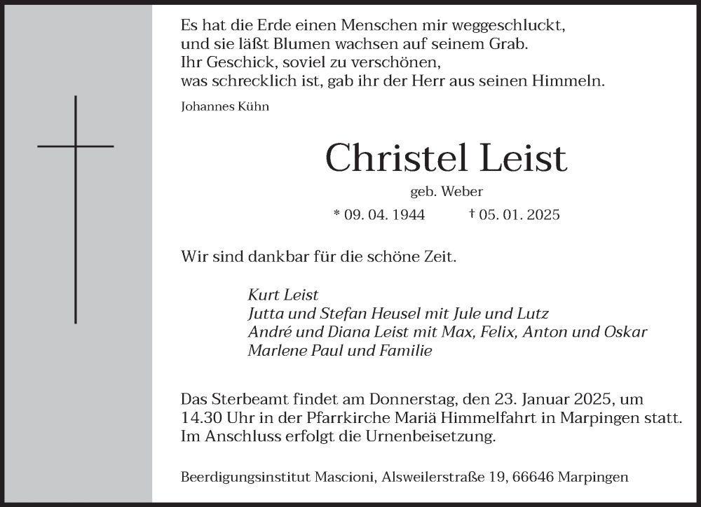  Traueranzeige für Christel Leist vom 18.01.2025 aus saarbruecker_zeitung