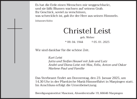 Traueranzeige von Christel Leist von saarbruecker_zeitung