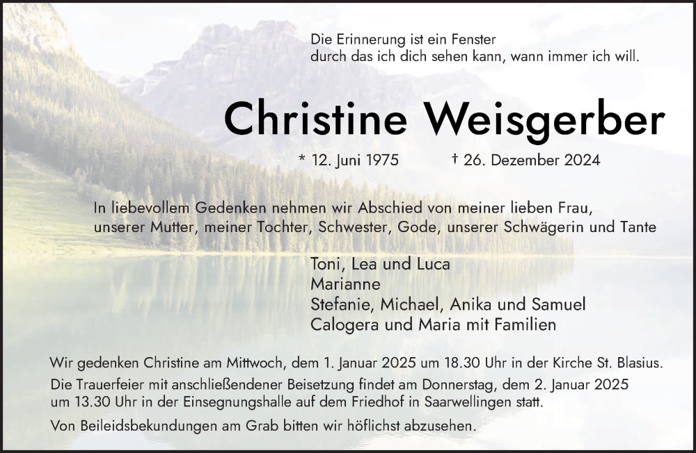  Traueranzeige für Christine Weisgerber vom 31.12.2024 aus saarbruecker_zeitung