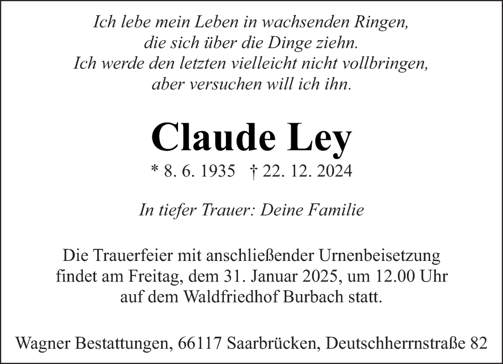  Traueranzeige für Claude Ley vom 25.01.2025 aus saarbruecker_zeitung