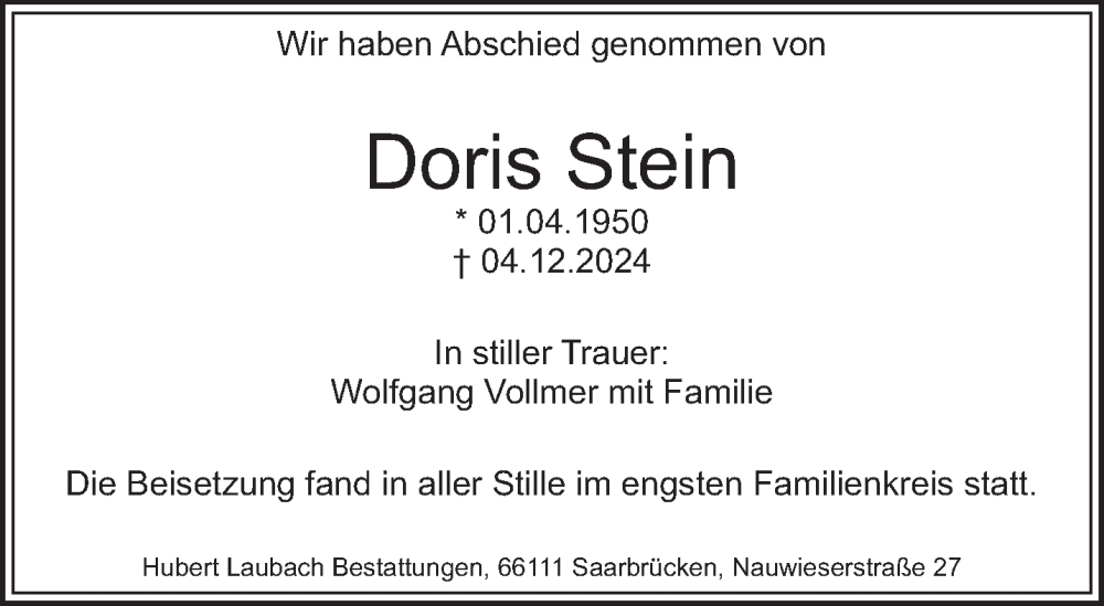  Traueranzeige für Doris Stein vom 18.01.2025 aus saarbruecker_zeitung