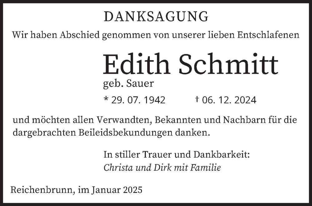  Traueranzeige für Edith Schmitt vom 04.01.2025 aus saarbruecker_zeitung