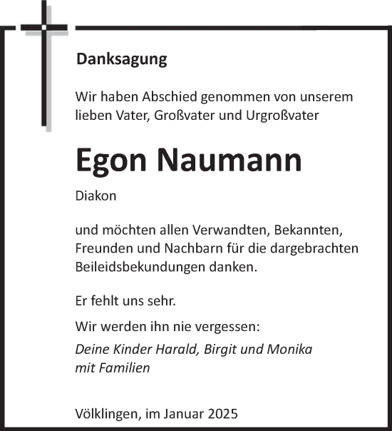 Traueranzeige von Egon Naumann von saarbruecker_zeitung