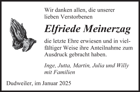 Traueranzeige von Elfriede Meinerzag von saarbruecker_zeitung