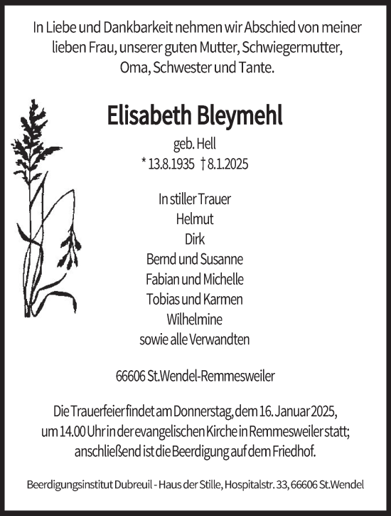 Traueranzeige von Elisabeth Bleymehl von saarbruecker_zeitung