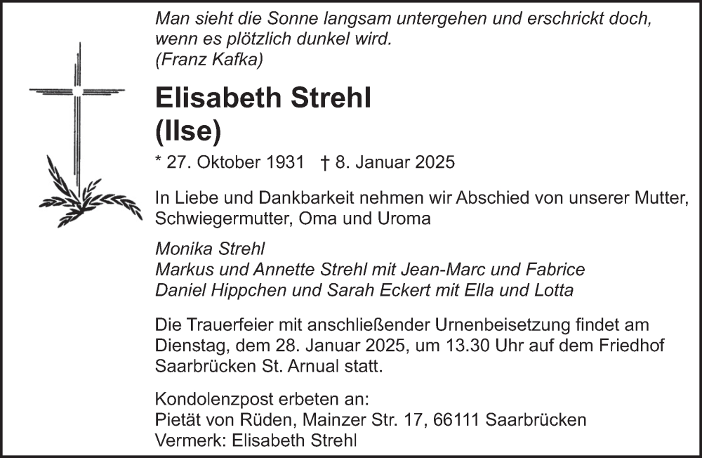  Traueranzeige für Elisabeth Strehl vom 25.01.2025 aus saarbruecker_zeitung