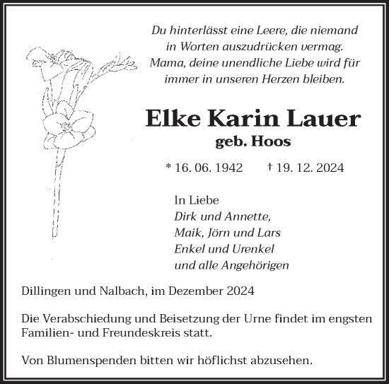 Traueranzeige von Elke Karin Lauer von saarbruecker_zeitung