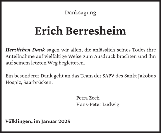 Traueranzeige von Erich Berresheim von saarbruecker_zeitung