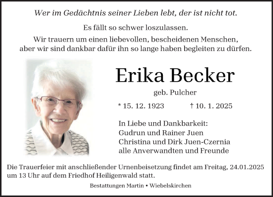 Traueranzeige von Erika Becker von saarbruecker_zeitung