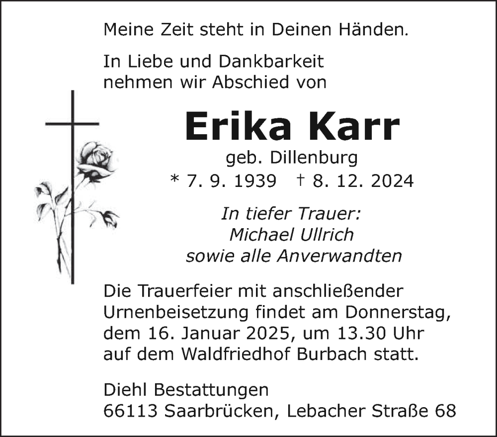  Traueranzeige für Erika Karr vom 11.01.2025 aus saarbruecker_zeitung