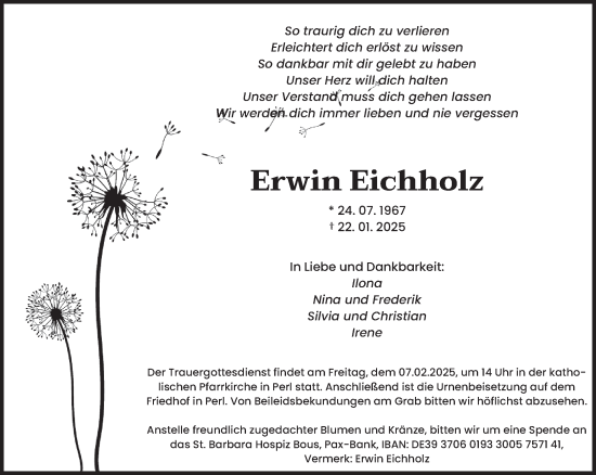 Traueranzeige von Erwin Eichholz von saarbruecker_zeitung