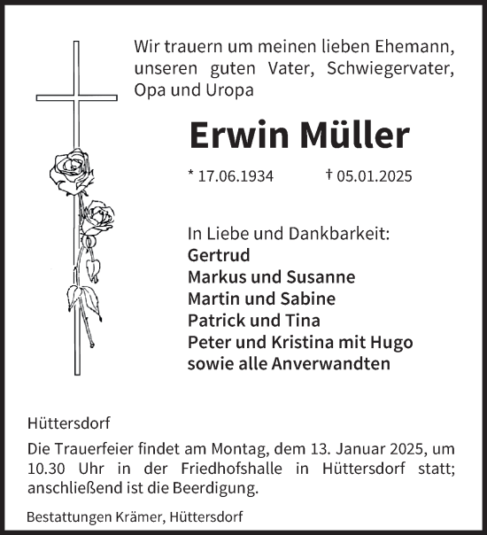 Traueranzeige von Erwin Müller von saarbruecker_zeitung