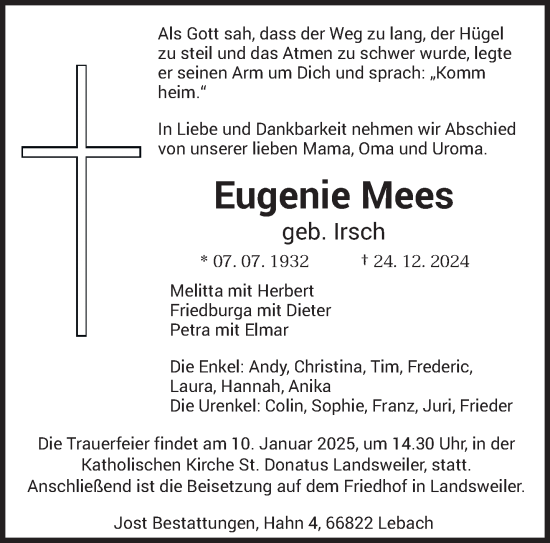 Traueranzeige von Eugenie Mees von saarbruecker_zeitung