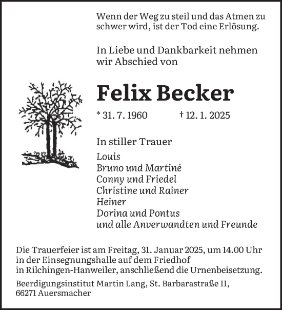 Traueranzeige von Felix Becker von saarbruecker_zeitung