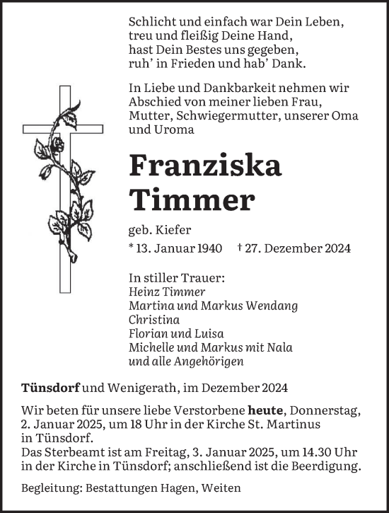 Traueranzeige von Franziska Timmer von saarbruecker_zeitung