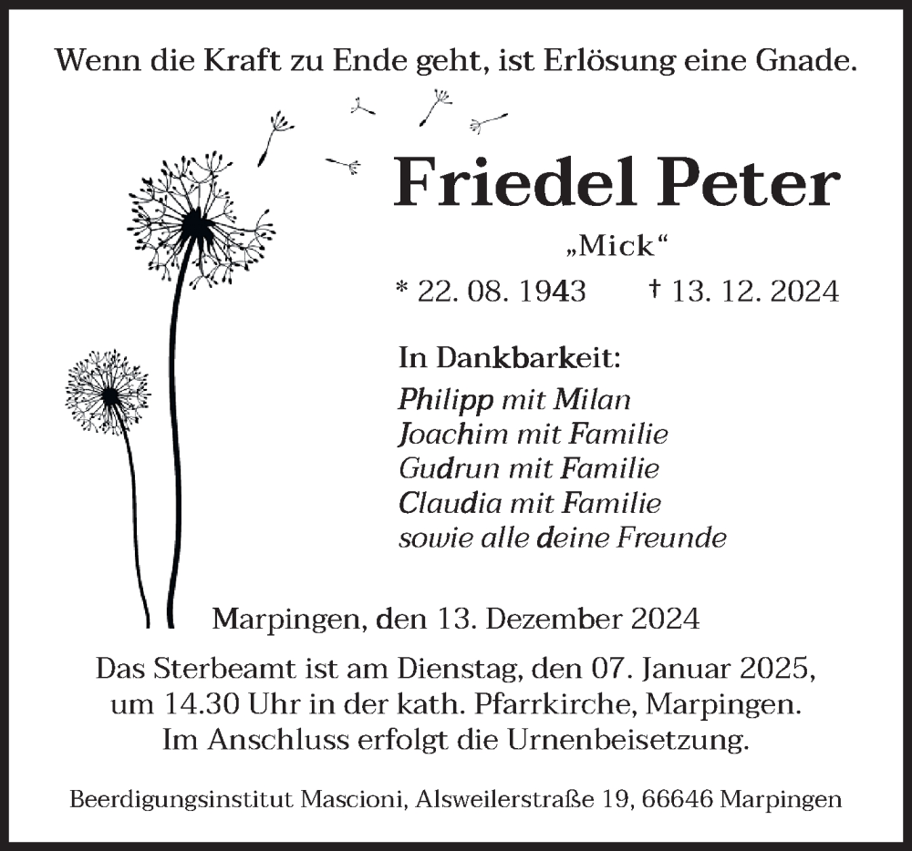  Traueranzeige für Friedel Peter vom 04.01.2025 aus saarbruecker_zeitung