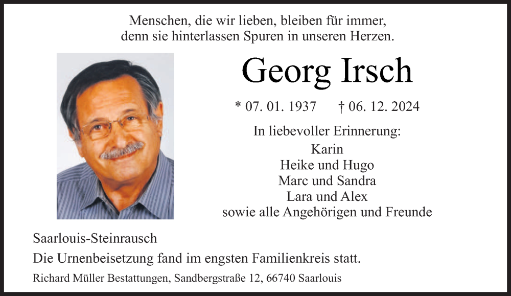  Traueranzeige für Georg Irsch vom 04.01.2025 aus saarbruecker_zeitung