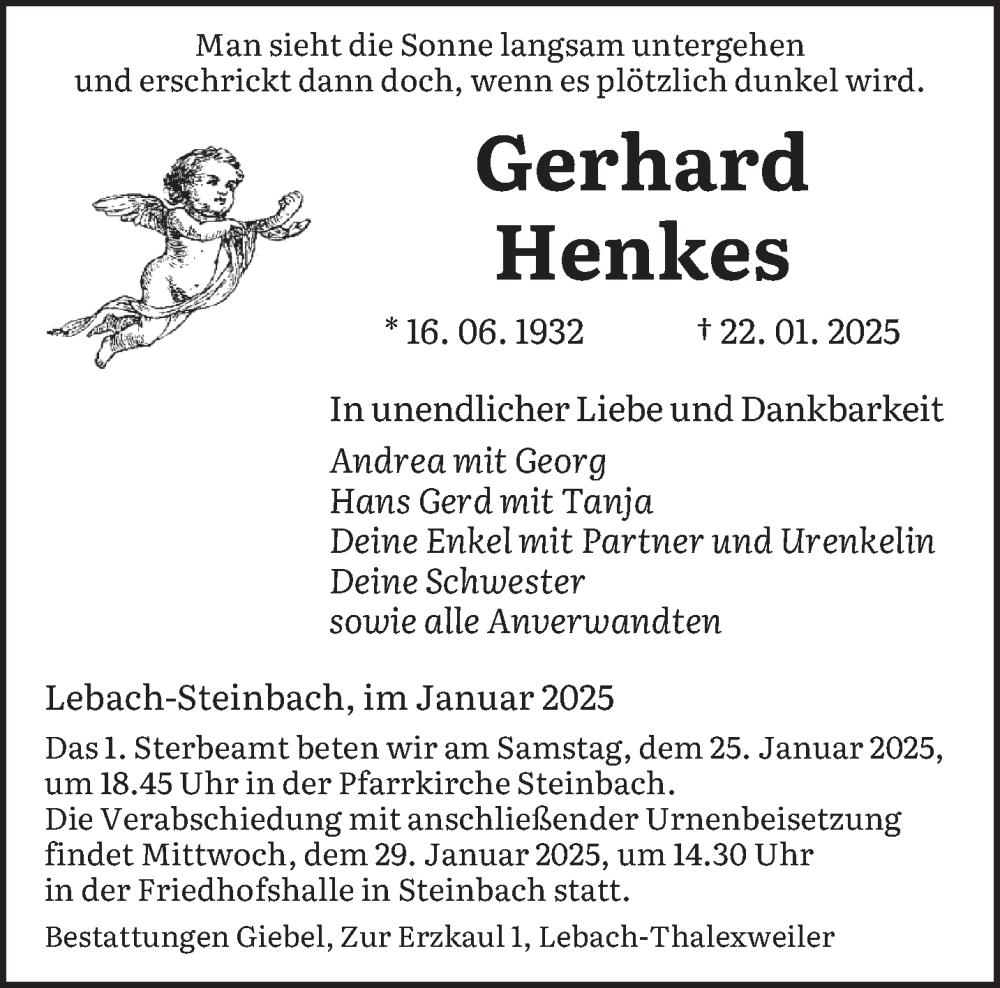  Traueranzeige für Gerhard Henkes vom 25.01.2025 aus saarbruecker_zeitung