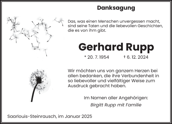 Traueranzeige von Gerhard Rupp von saarbruecker_zeitung