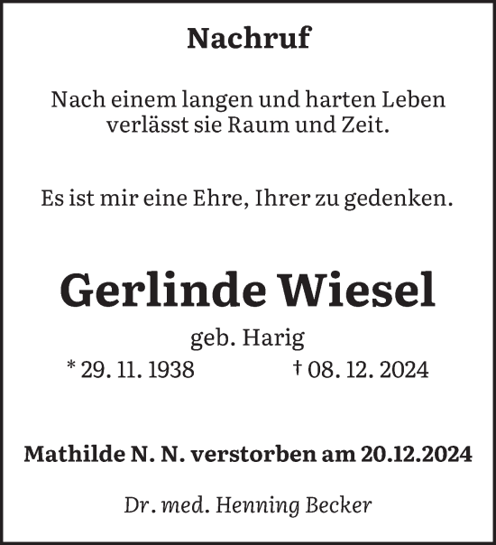 Traueranzeige von Gerlinde Wiesel von saarbruecker_zeitung